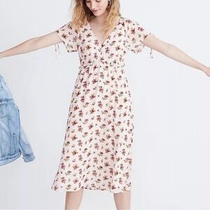 Madewell Pink Floral V-Neck Tie Short Sleeve Prairie Mini country Dress Size 14